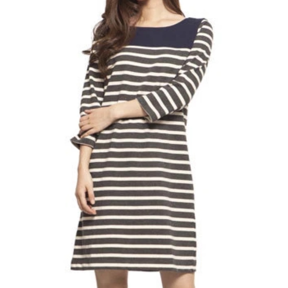 GAP Navy gray ivory striped casual Dress Sz XL cotton 3/4 sleeves - Picture 1 of 12